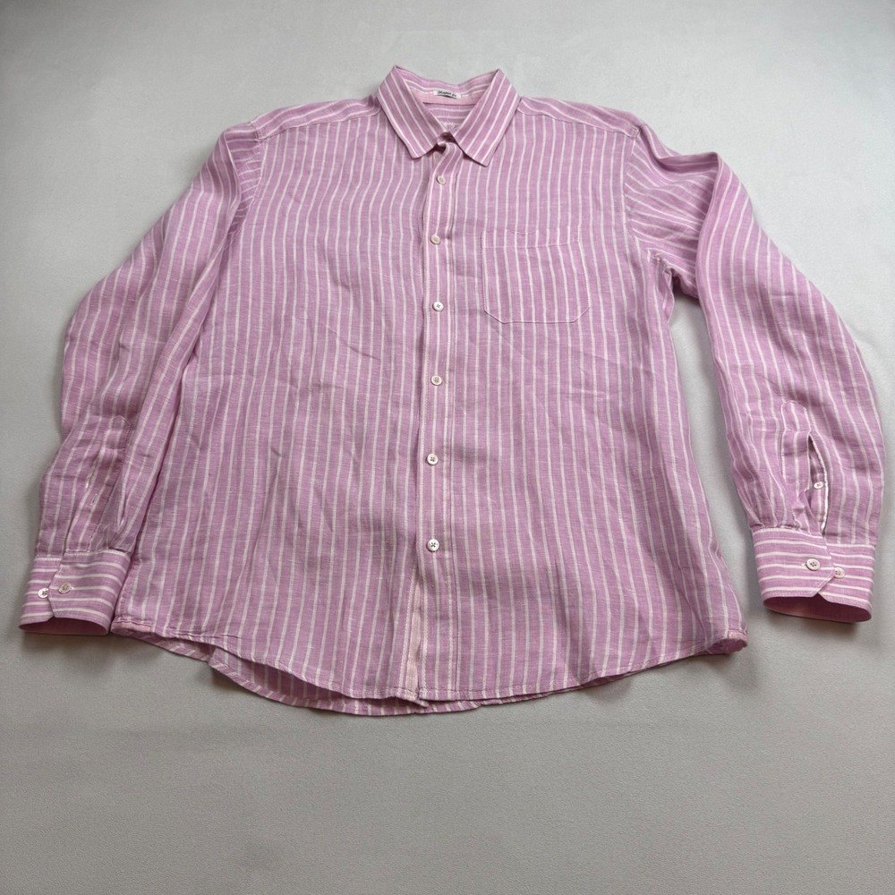 Bugatchi Uomo Mens LG Pink White Striped 100% Linen Long Sleeve Shirt Shaped Fit